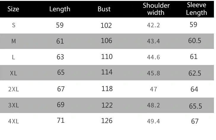 Size Chart:  Thermal Winter Jacket
