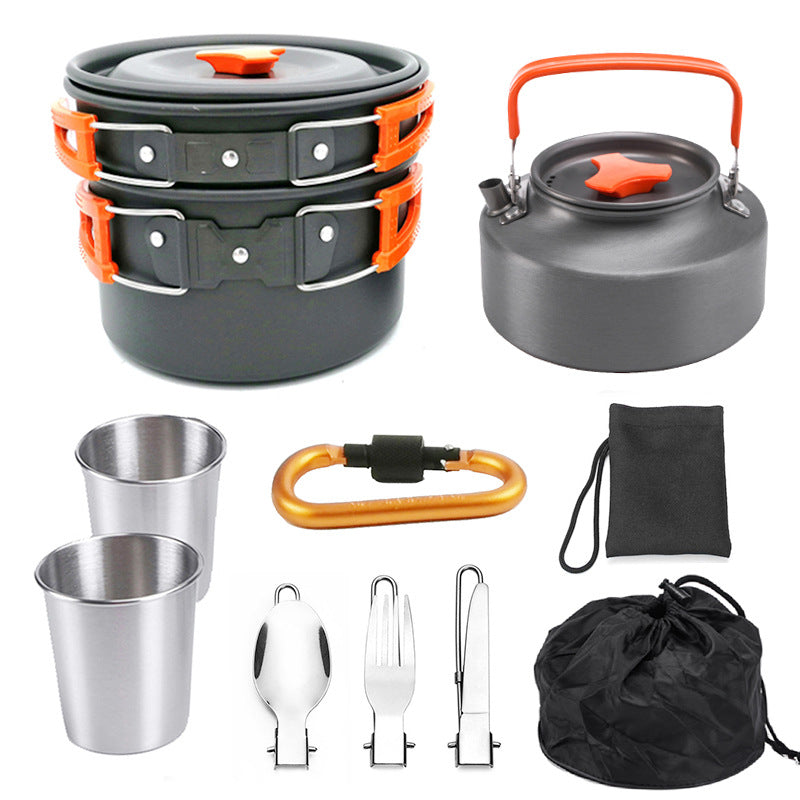 Portable Aluminium Camping Cookware Set with 1.1L Teapot
