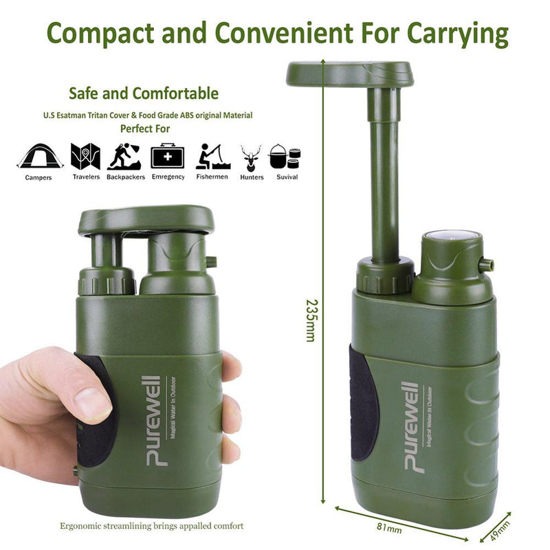 Compact army green water purifier pump held in the hand, 235 mm tall