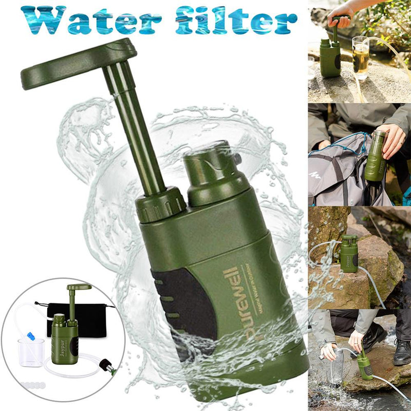Outdoor Water Purifier hand pump in army green, with hose and carrying case