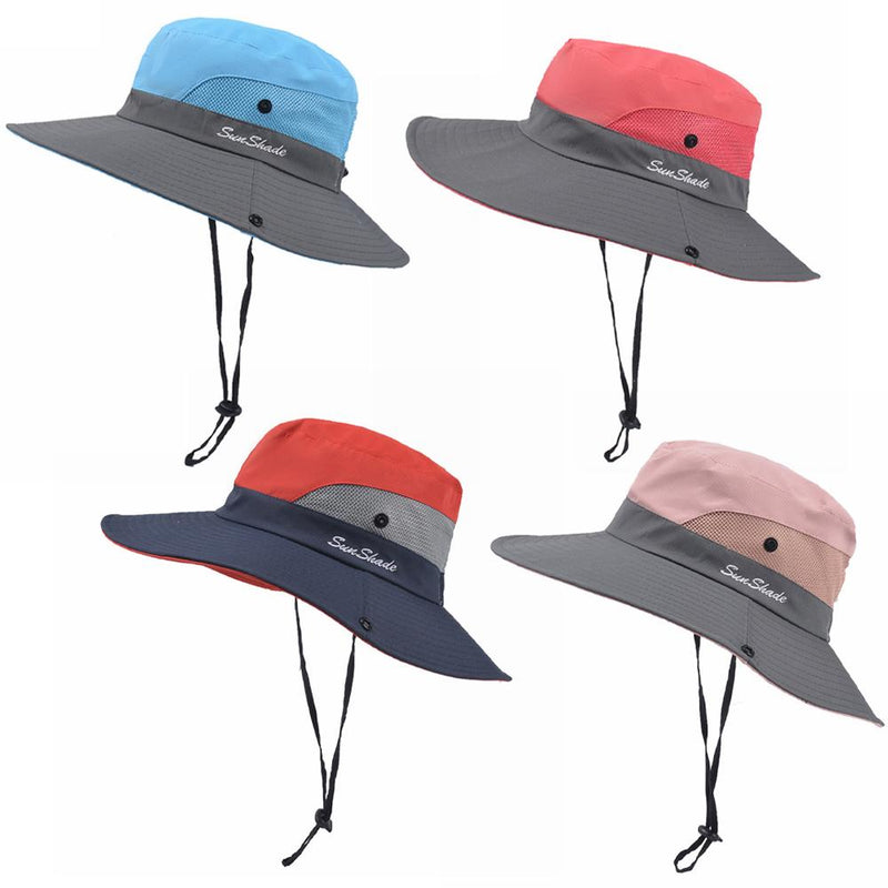 Women's Wide-Brim UV Sun Hat with Ponytail Hole