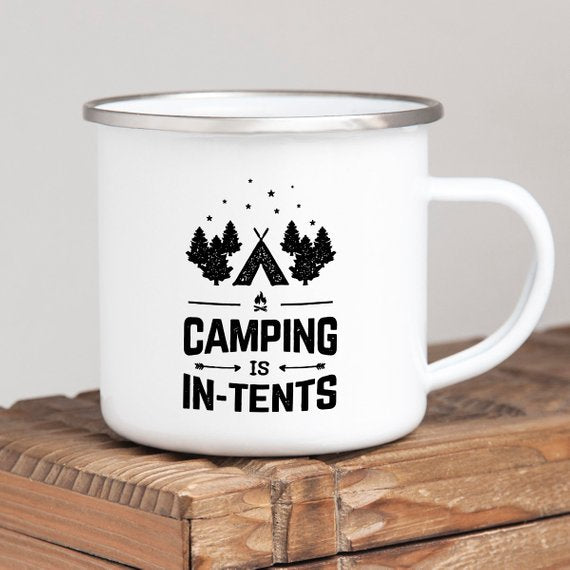 White Enamel Campfire Mug 10oz - Camping Is In-tents
